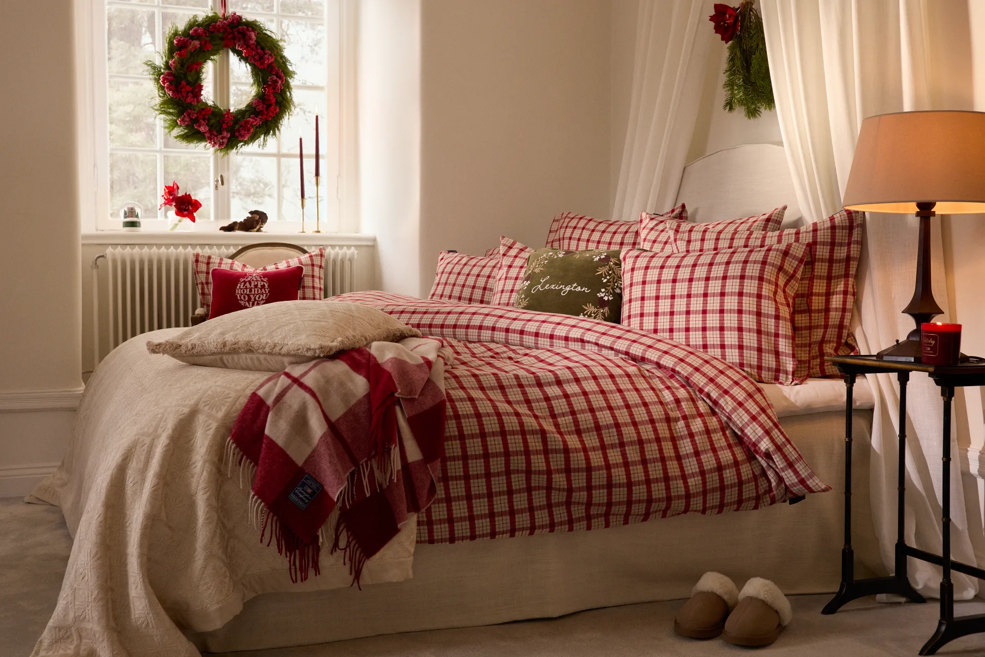 Red-beige Checked återvunnen ull pläd 130x170 cm, Red-beige Lexington