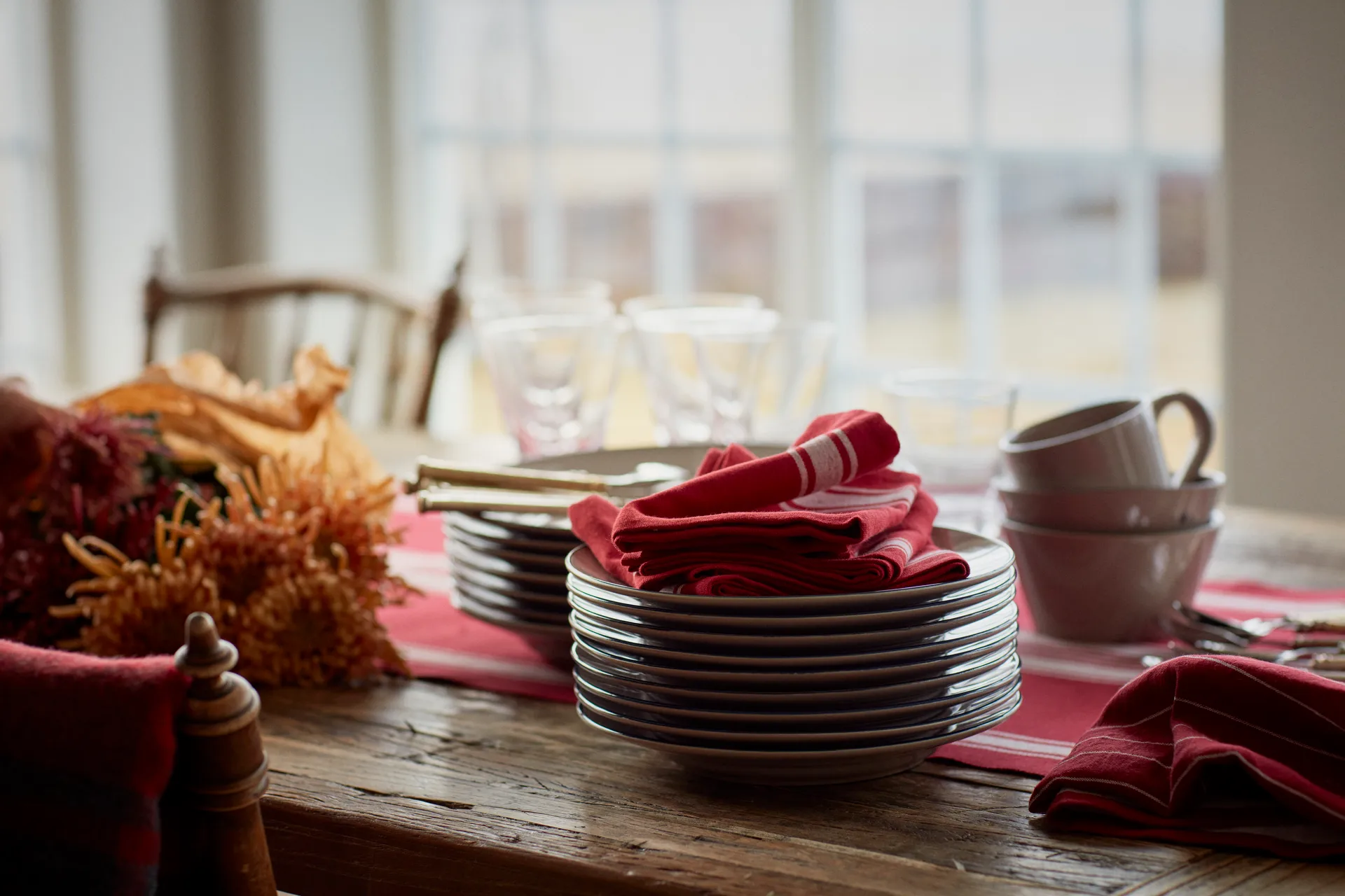 Side Striped Cotton Linen servett 50x50 cm, Red-white Lexington