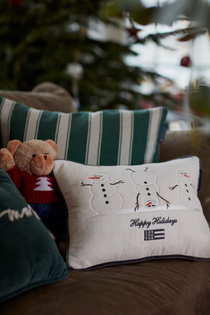 Snowmen Embroidered Cotton Velvet kudde 30x40 cm, White Lexington