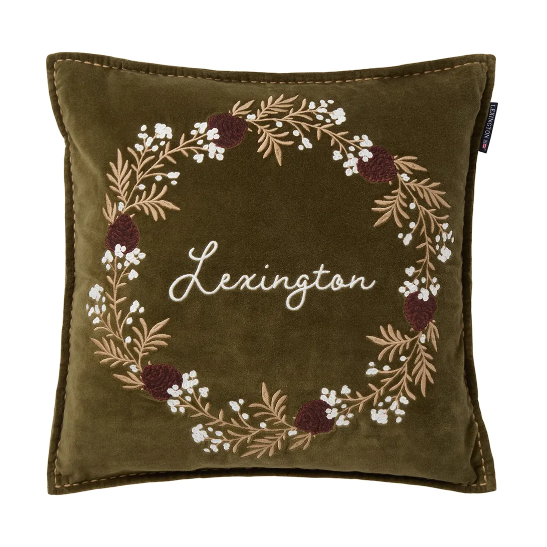 Wreath ekologisk bomullssammet kuddfodral 50x50 cm, Olive-brown-white Lexington