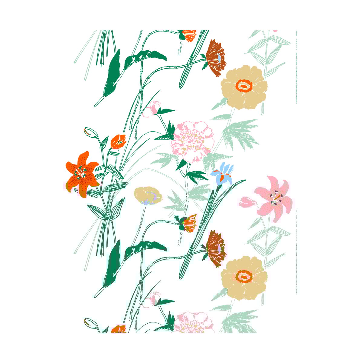 Marimekko Puutarhakutsut bomullstyg White-green-orange