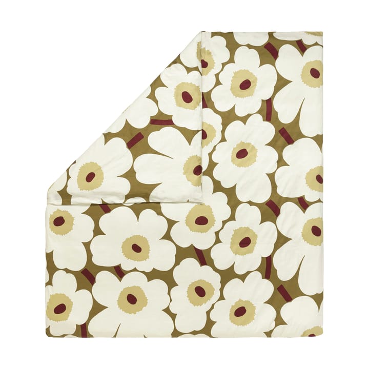 Unikko påslakan satin 240x220 cm - Green umber-cream - Marimekko