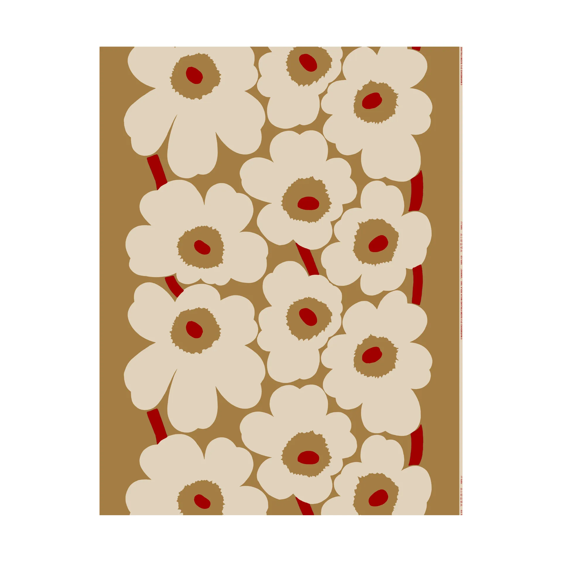 Unikko tyg bomull-linne, Brown-linen-red Marimekko