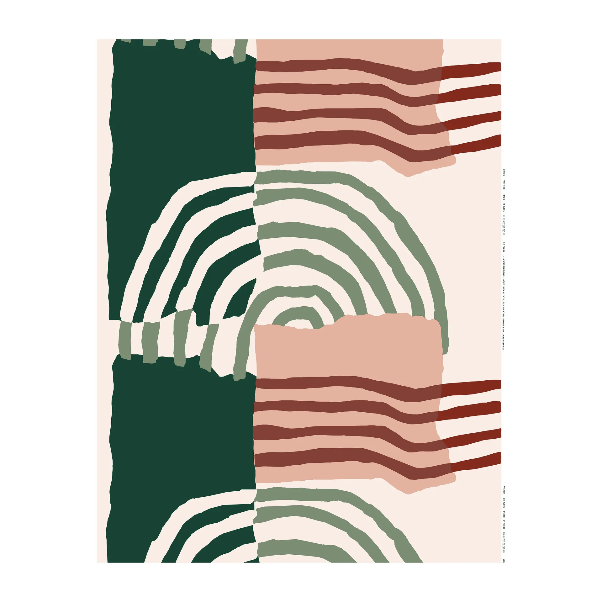 Vuosirenkaat tyg bomull-linne, Beige-grön-ljusröd Marimekko