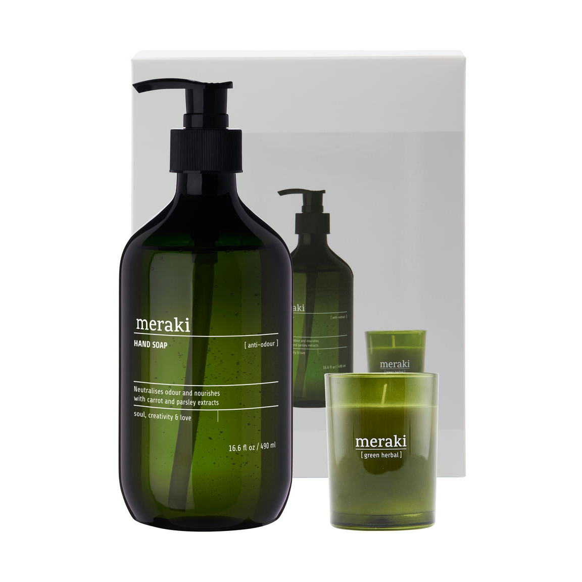 Meraki gåvoset handtvål och doftljus Anti-odör-green herbal