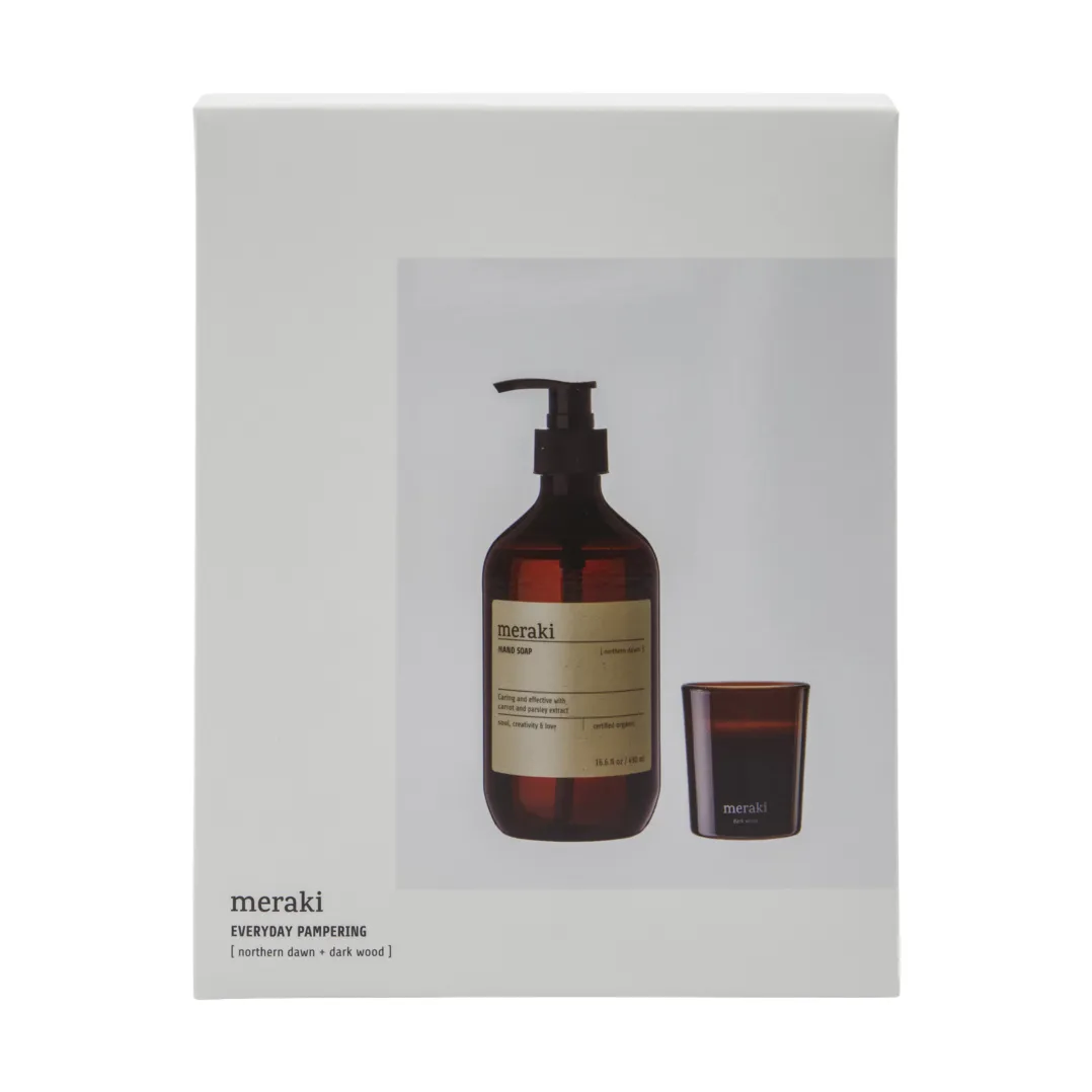 Meraki gåvoset handtvål och doftljus, Northern dawn + dark wood Meraki