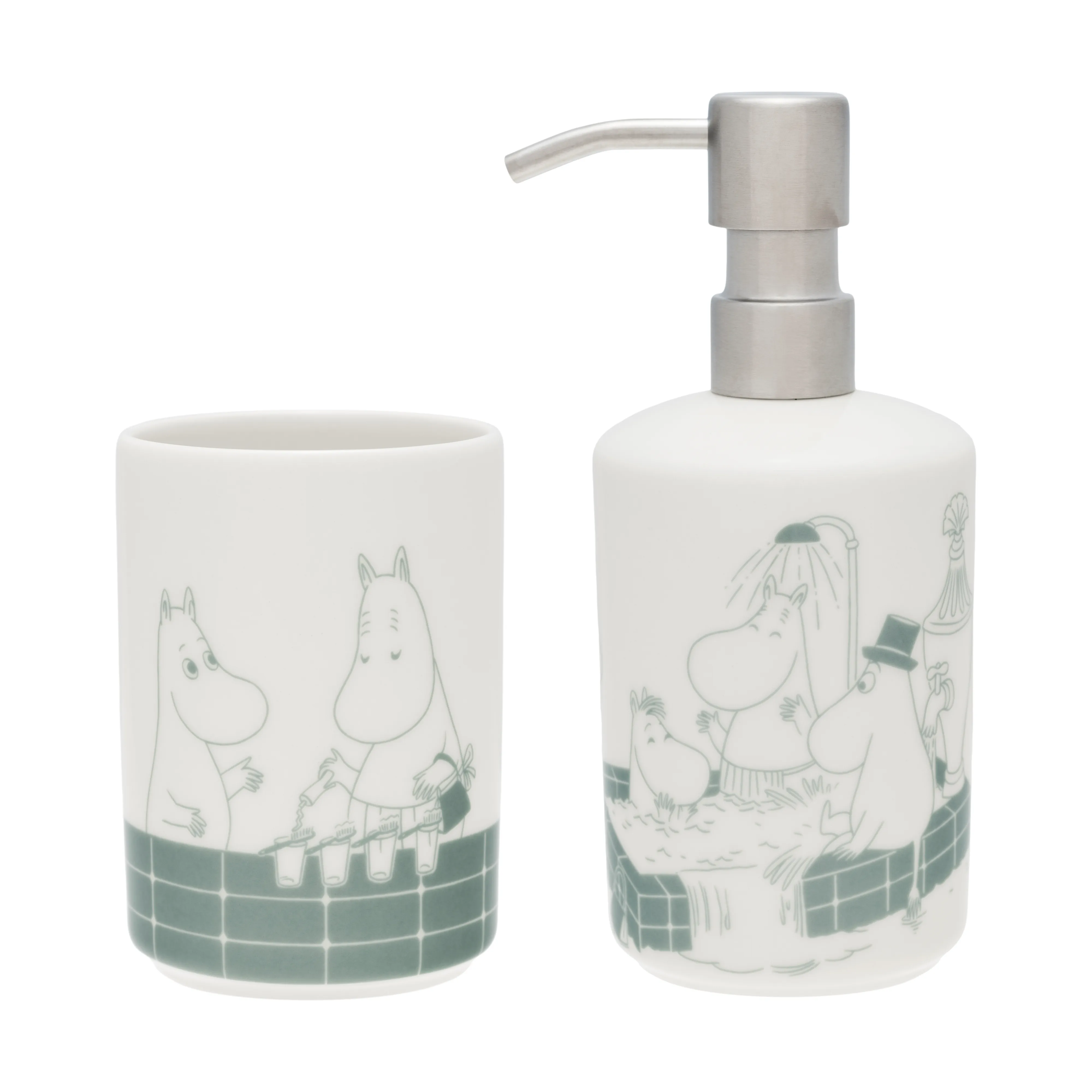 Mumin tvålpump och tandborstställ, Badstund grön
