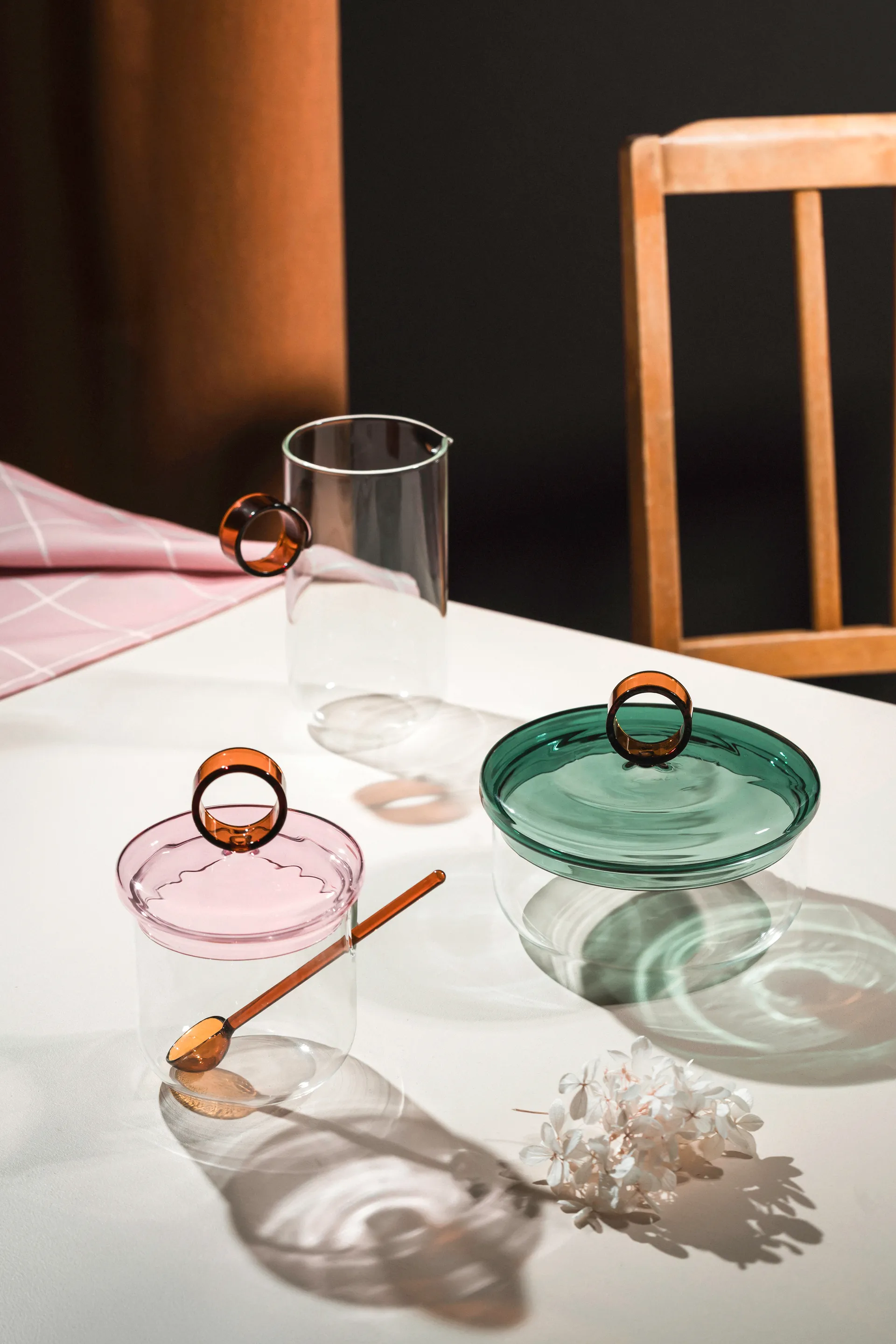 Loop sockerskål inkl sked Ø14 cm, Klar-pink-amber Muurla