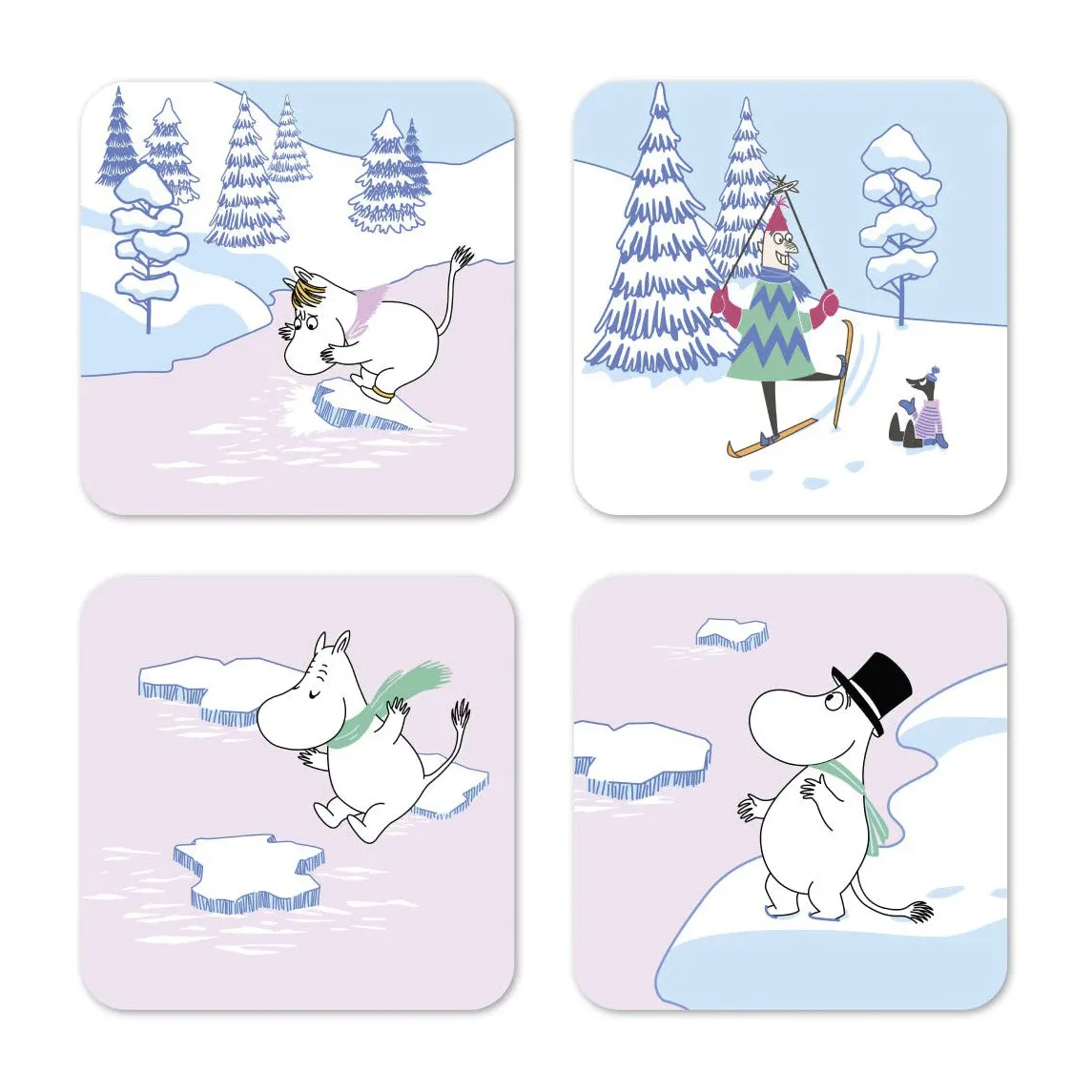 Opto Design Mumin glasunderlägg vinter 2022 9x9 cm 4-pack Blå-vit-rosa