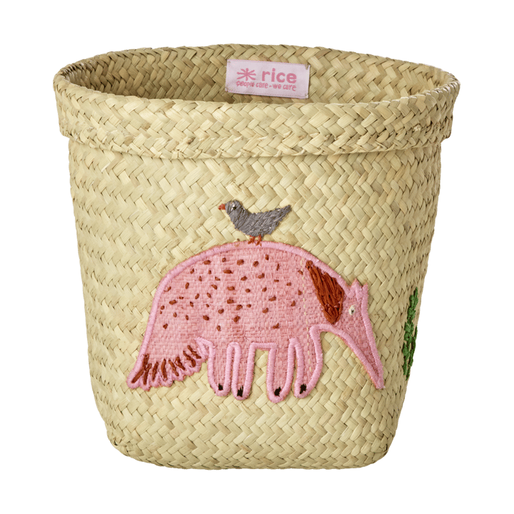 Rice raffia förvaringskorg rund 2 delar - Animal Embroidery-Pink-orange - RICE