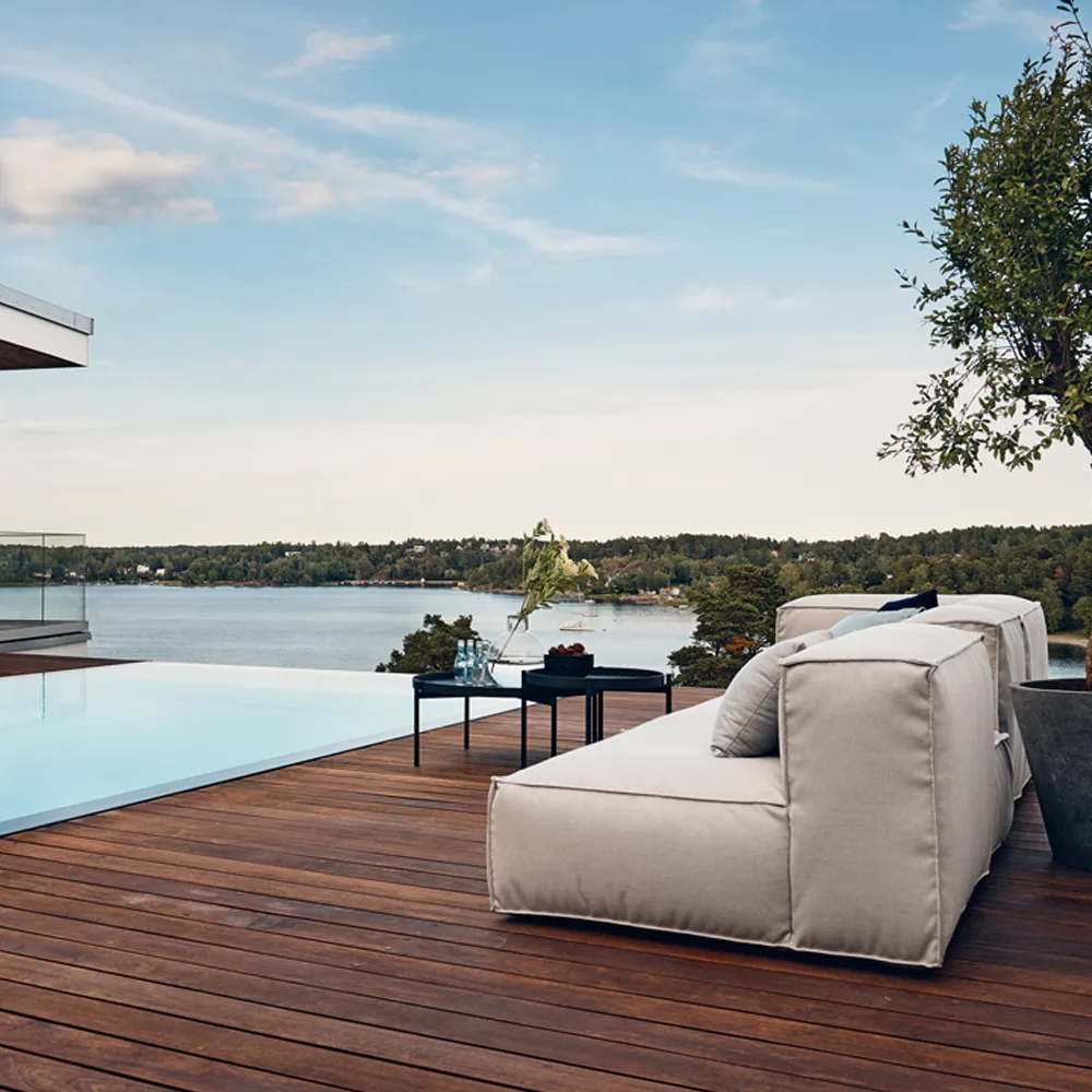 Asker soffmodul, Sunbrella Sling taupe beige, fotpall Skargaarden