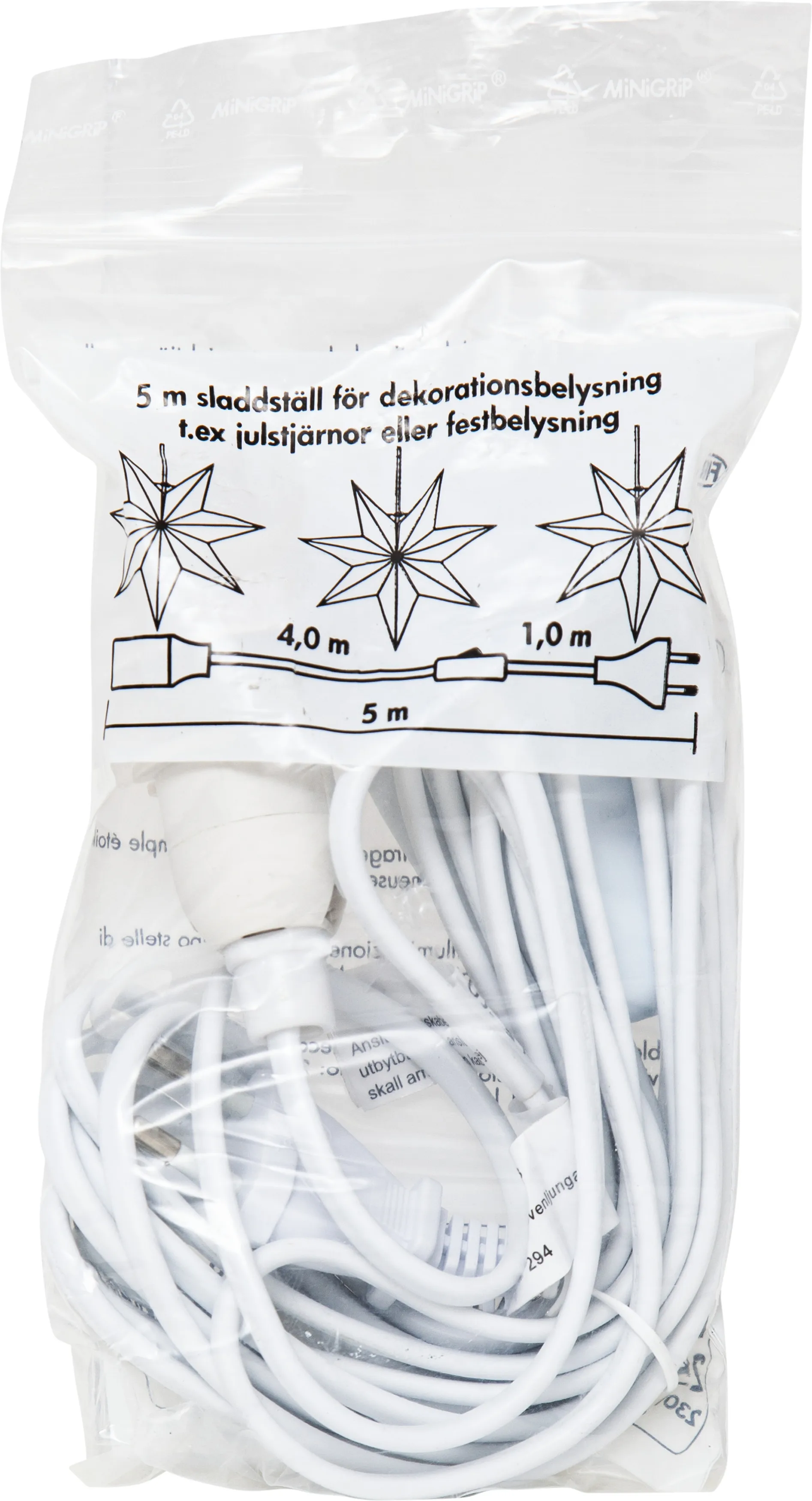 Lampsladd E14 5m med strömbrytare, Vit Star Trading