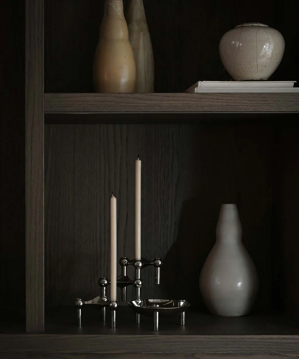 STOFF Nagel ljusstake krom 3-pack + Beige ljus 12-pack STOFF