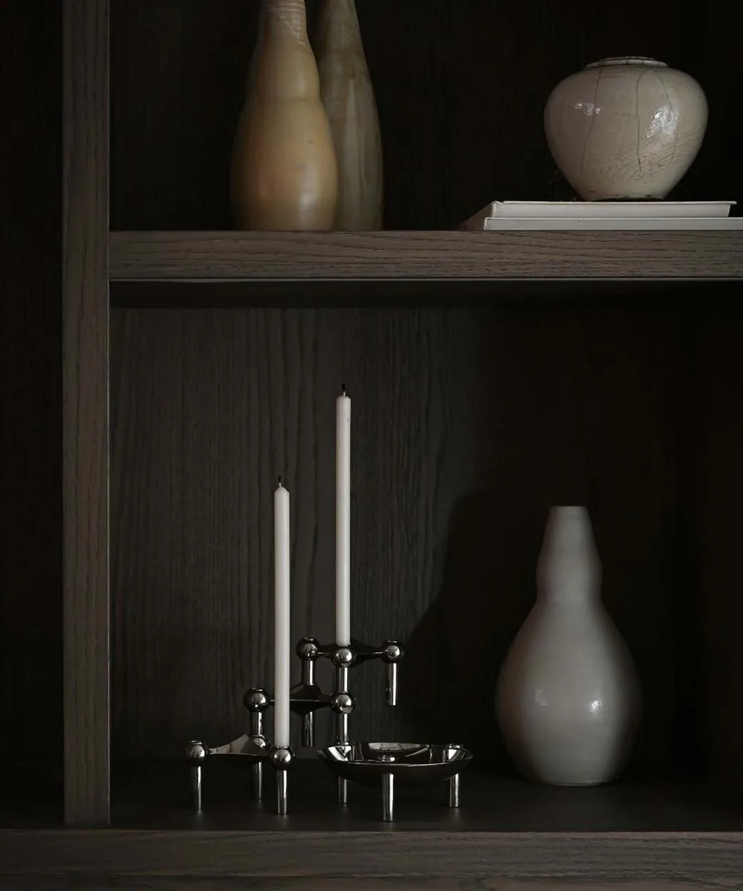 STOFF Nagel ljusstake krom 3-pack + Linen grey ljus 12-pack STOFF