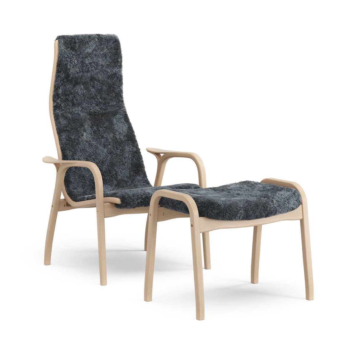 Swedese Lamino fåtölj och fotpall lackad bok/fårskinn Charcoal (mörkgrå)