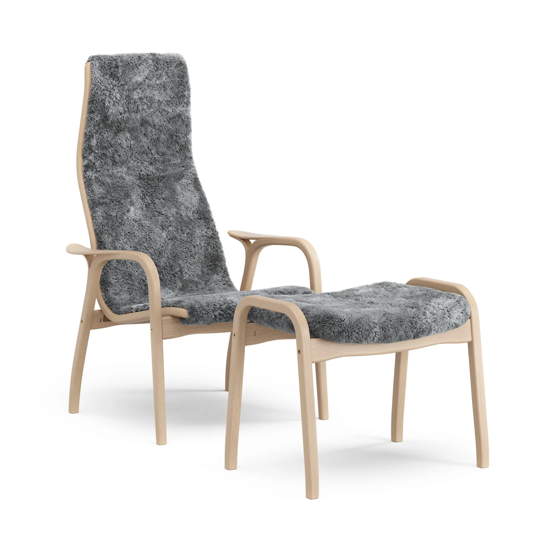 Lamino fåtölj och fotpall lackad bok/fårskinn, Scandinavian Grey (grå) Swedese