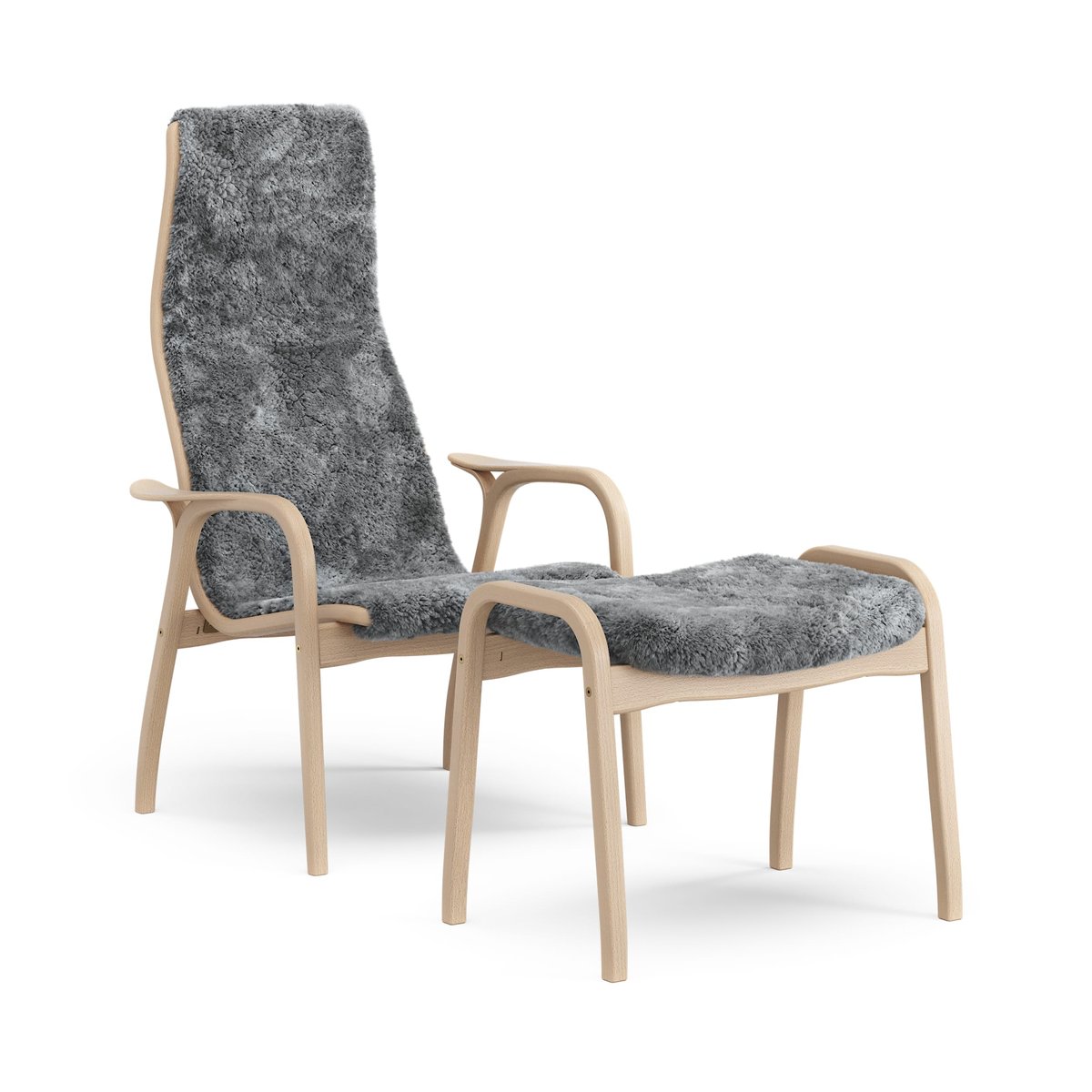 Swedese Lamino fåtölj och fotpall lackad bok/fårskinn Scandinavian Grey (grå)