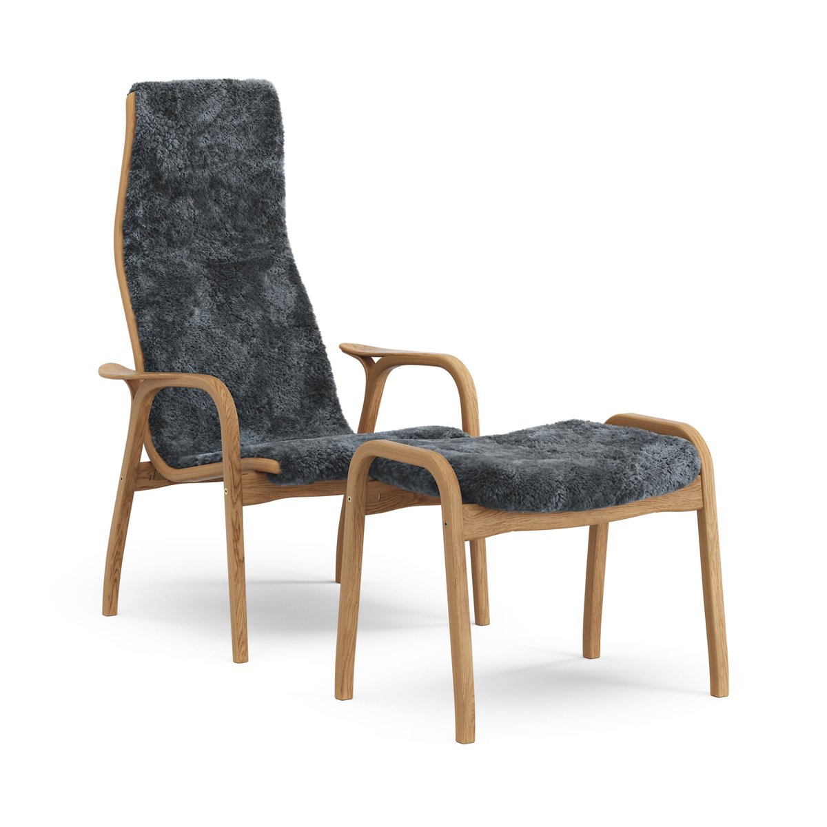 Swedese Lamino fåtölj och fotpall oljad ek/fårskinn Charcoal (mörkgrå)