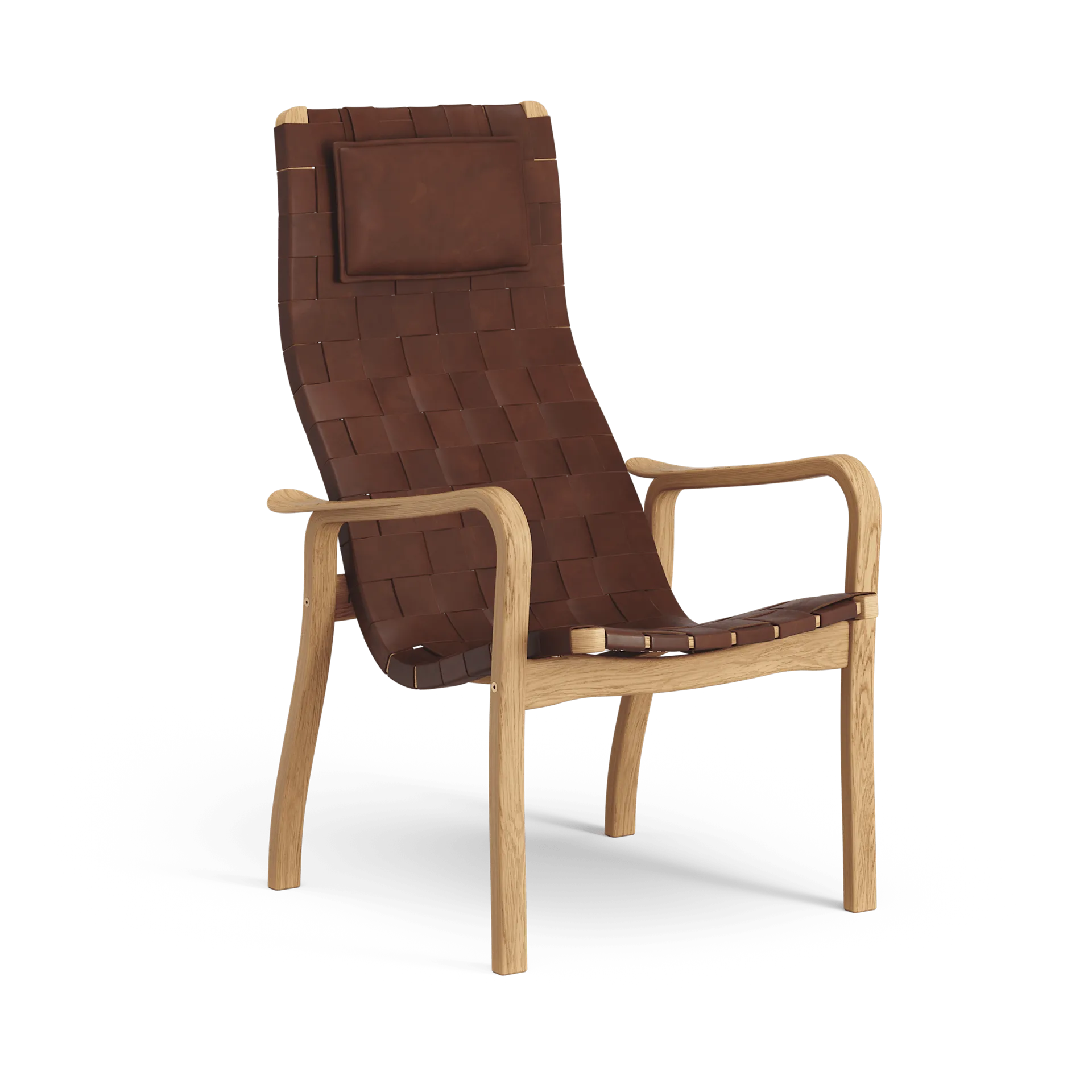 Primo fåtölj hög med nackkudde oljad ek, Remläder brunröd Swedese