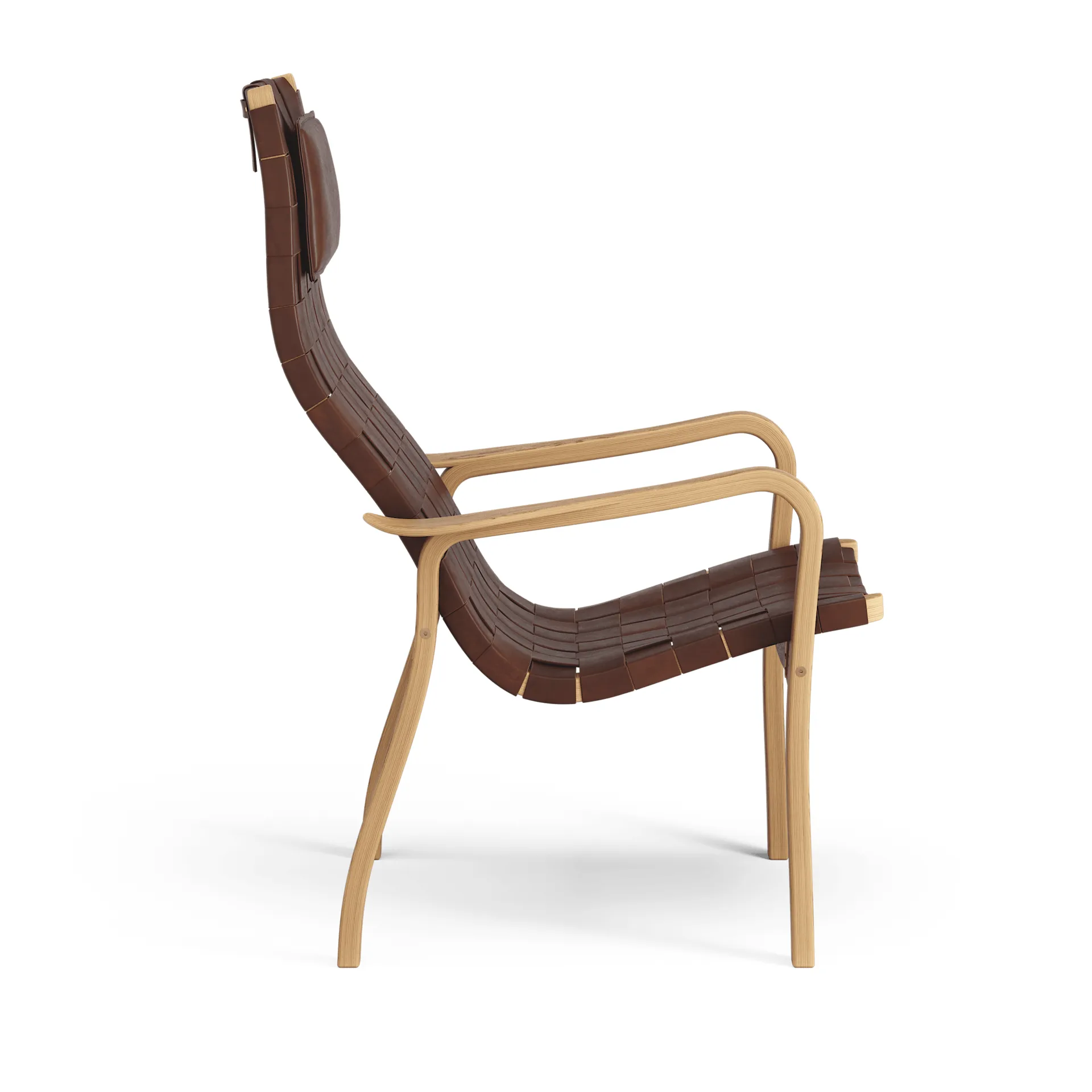 Primo fåtölj hög med nackkudde oljad ek, Remläder brunröd Swedese