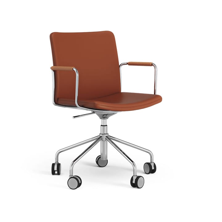 Stella kontorsstol höj/sänkbar med svikt - läder elmosoft 33004 brun, krom, läderlindade armstöd - Swedese