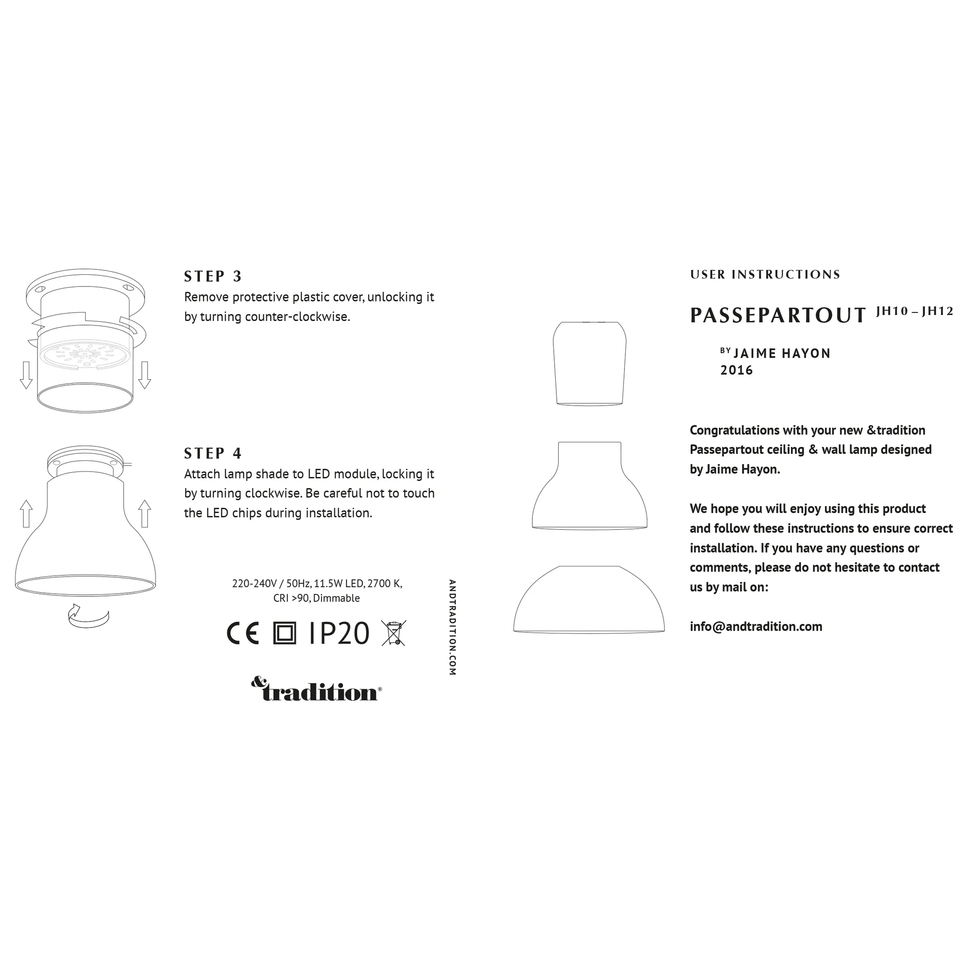 Passepartout JH12 lampa fast montage, Guld &Tradition