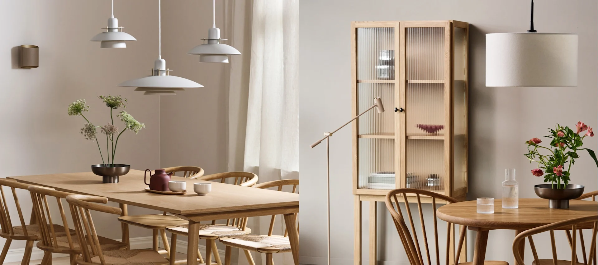 Här ser du två olika idéer för belysning i matsalen i japansk stil. Den ena med ett långt matsalsbord och ett kluster av lampor och den andra med ett runt bord och en rund lampa. 