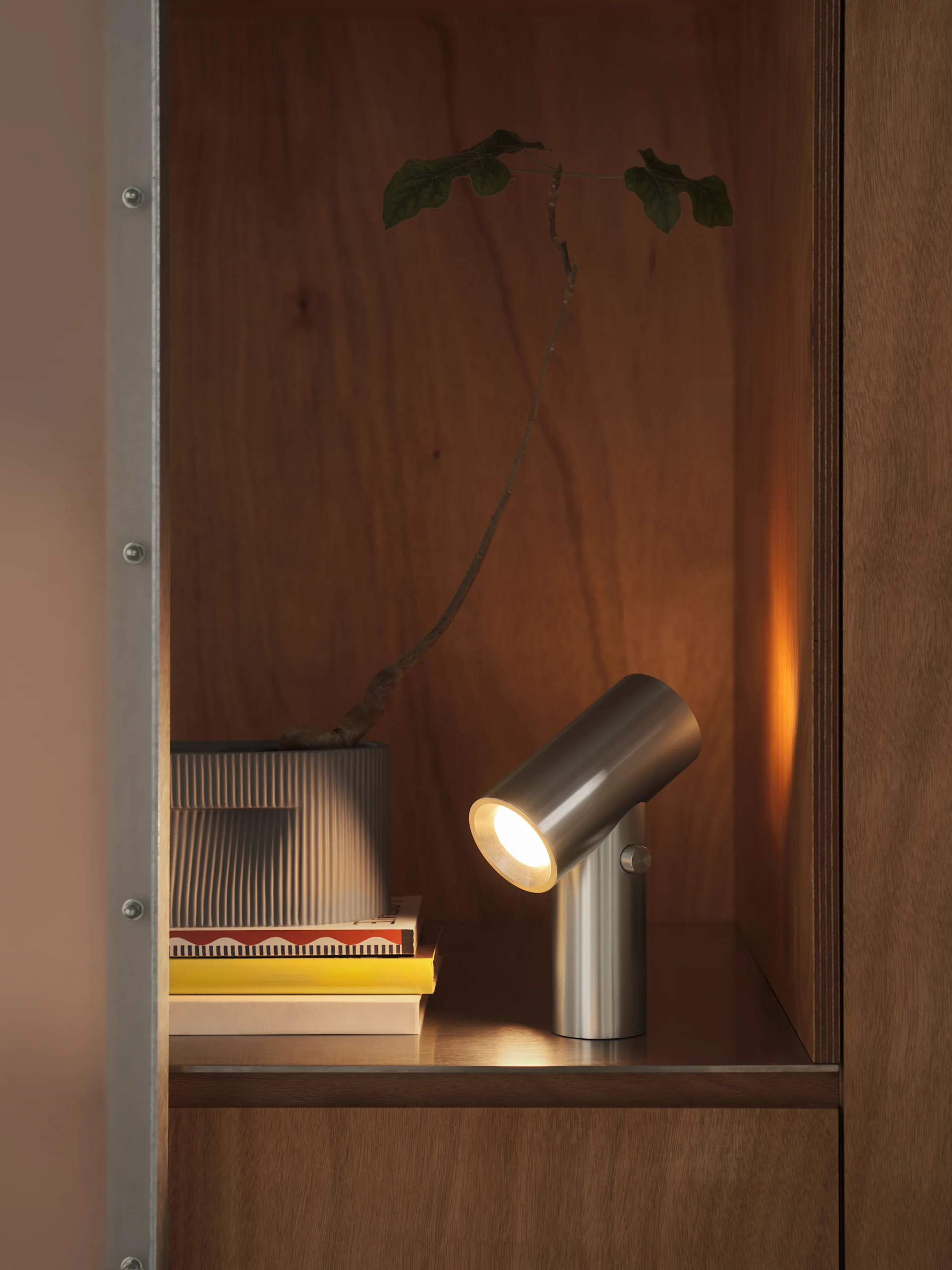 En borstad cylindrisk metallampa lyser upp en stapel böcker och en växt i en räfflad kruka, inuti ett träskåp.