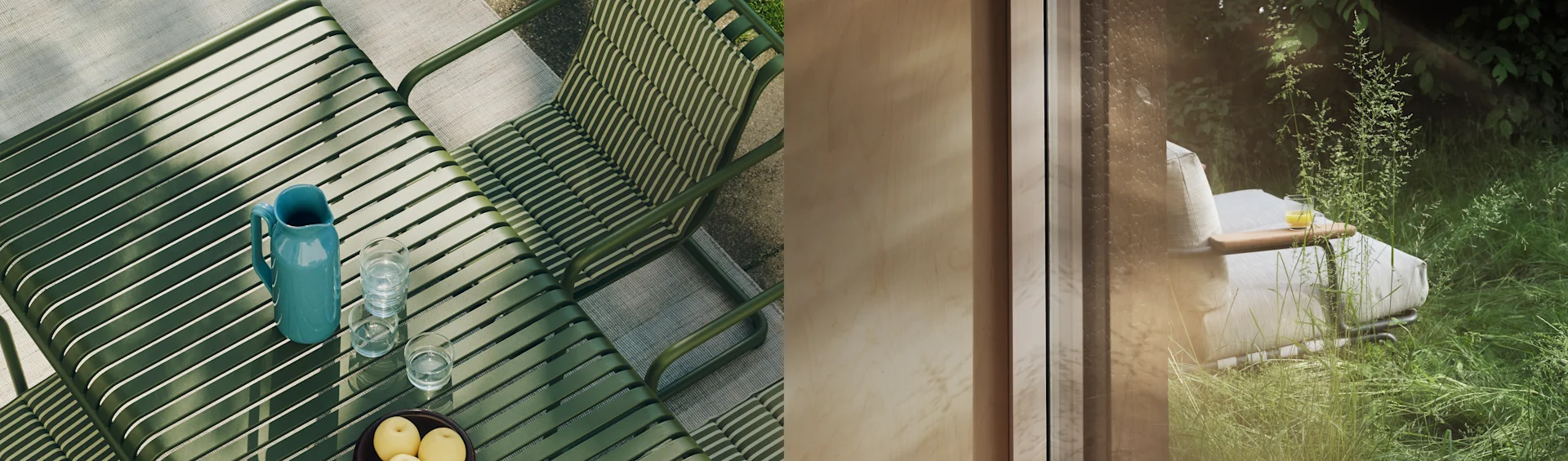 Delad bild: grönt lamellbord med kanna, glas och frukt. Till höger: vit solstol i grön trädgård sedd genom ett fönster.