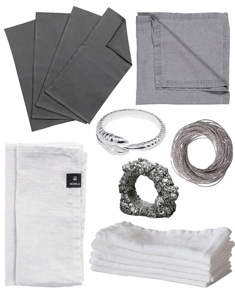 Linneservetter i vitt och grått tillsammans med servettringar i silver blir en snygg detalj till en nyårsdukning i silver-tema!