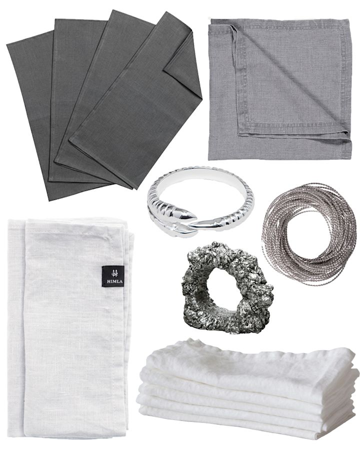 Linneservetter i vitt och grått tillsammans med servettringar i silver blir en snygg detalj till en nyårsdukning i silver-tema!