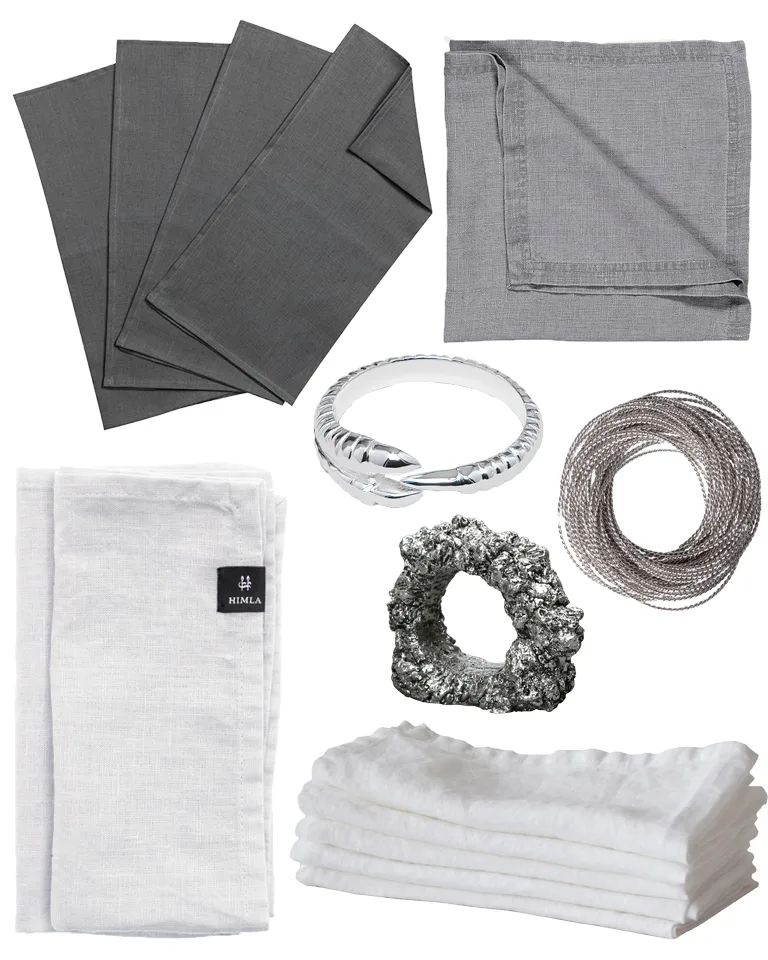 Linneservetter i vitt och grått tillsammans med servettringar i silver blir en snygg detalj till en nyårsdukning i silver-tema!