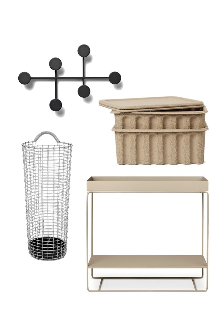 Kollage med förvaringsmöbler och lådor till hallen som Plant Box och Korbo paraplyställ som är perfekta tips när man vill organisera hemma. 