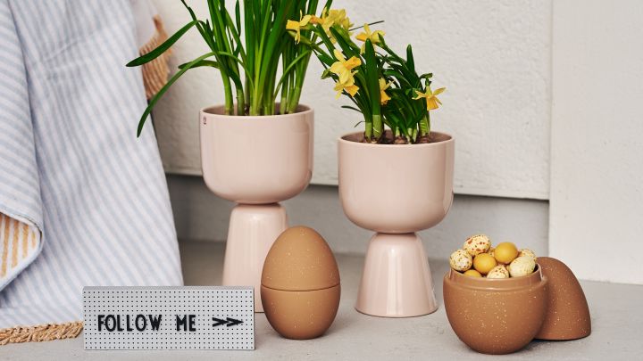 Bonbonniere skålar i form av ägg från Cooee Design bredvid Nappula vaser från Iittala fyllda med påskliljor.