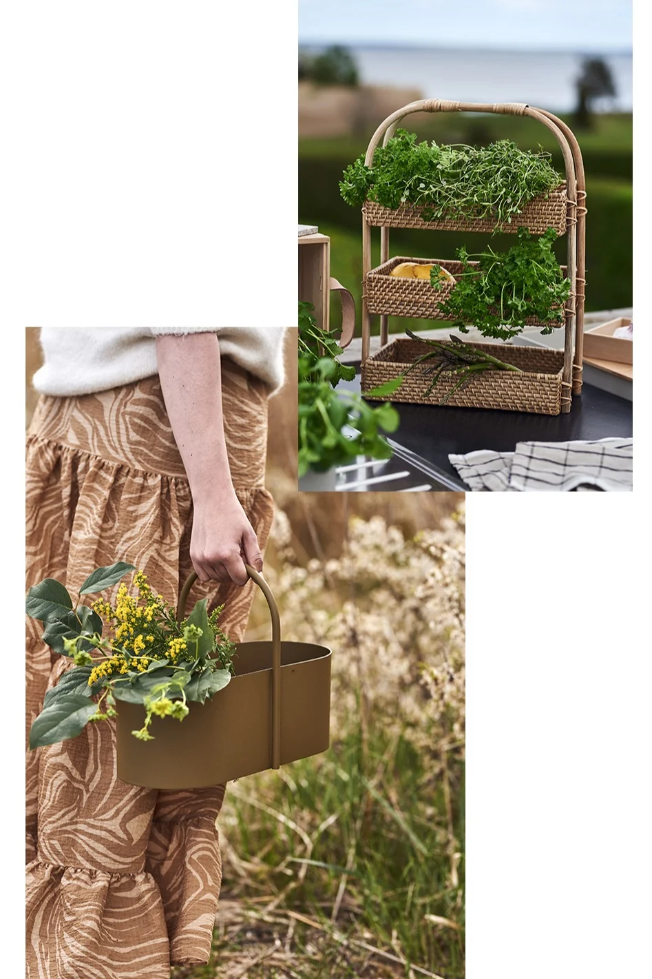 Inred ditt utekök med färska kryddor i förvaringskorgen från Bloomingville och nyplockade blommor till middagsbordet i Ferm Livings Grip toolbox.