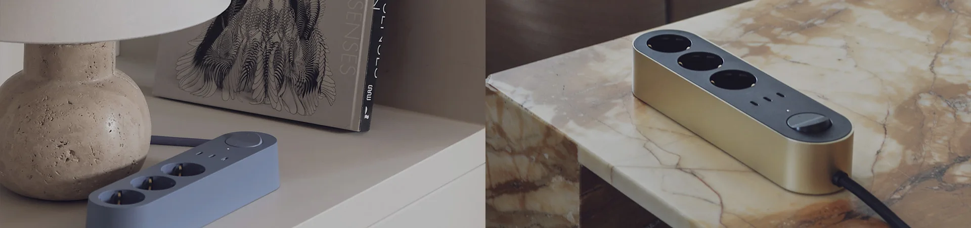 Två stilrena grenuttag: ett ljusblått på en vit yta med en lampa och bok, och ett guldfärgat på en marmoryta.