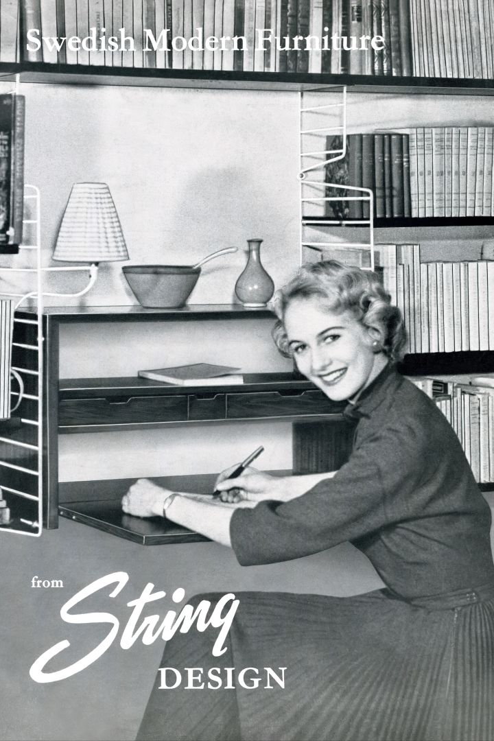Bild som visar en svart-vit annons för Stringhyllan från 1950-talet.