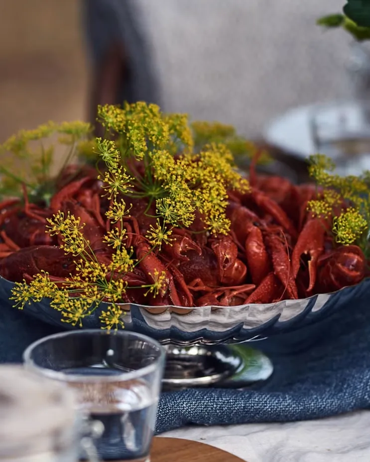 En skål med kokta röda kräftor garnerade med färsk dill, på ett dukat bord med blå textil och ett glas vatten.