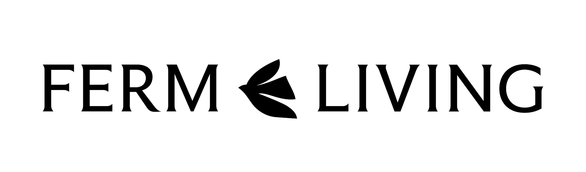 FERM LIVING-logotyp med en stiliserad bladdesign mellan orden.