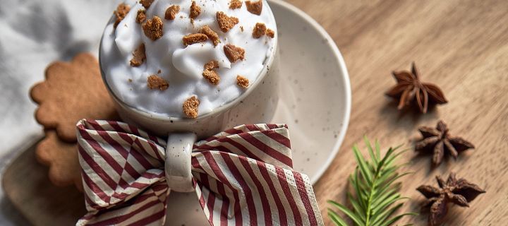 Bjud på enkel juldrink med kaffe, pepparkaka och kanel i Freckle kopp från Scandi Living tillsammans med Lines servett från Cooee Design i form av en rosett.