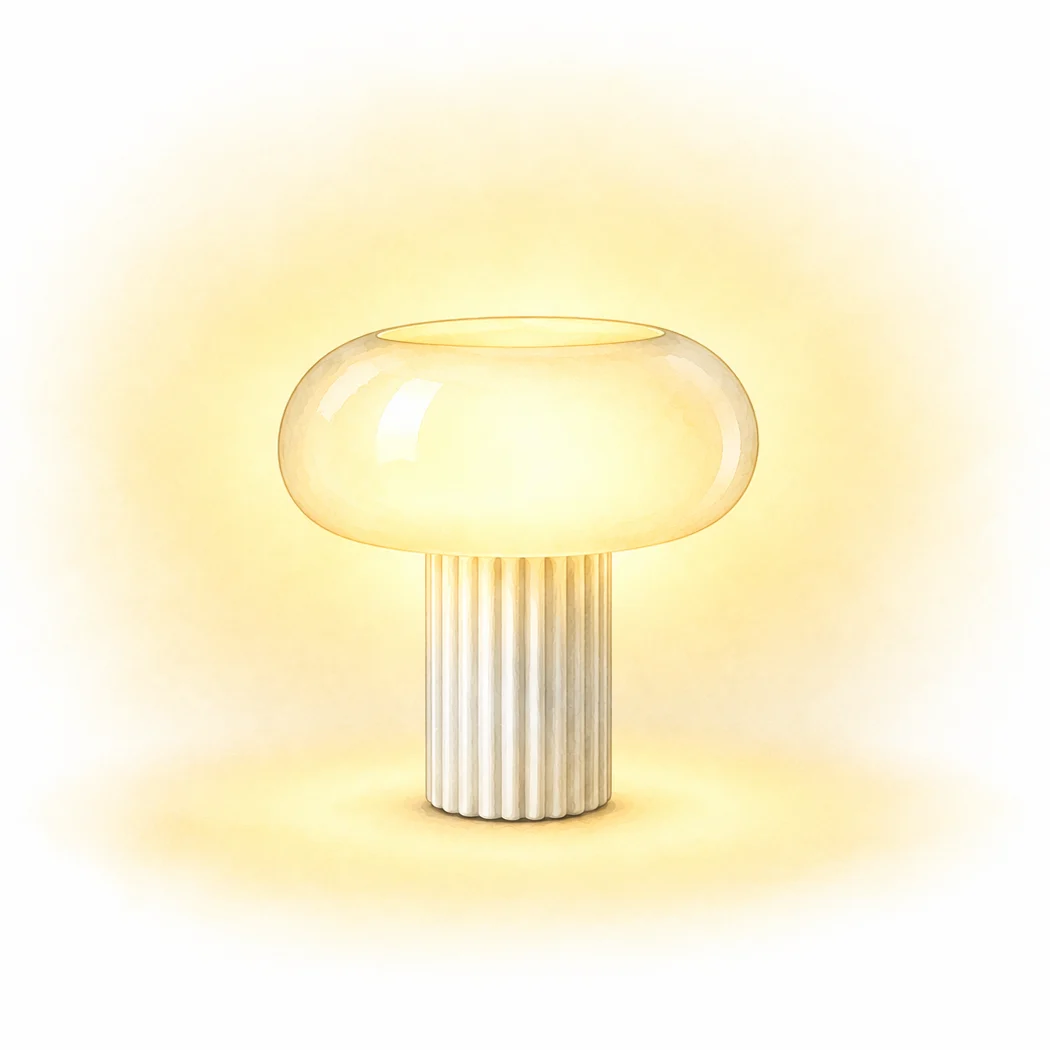 Svampformad bordslampa med en glödande, genomskinlig rund topp och en räfflad cylindrisk bas.