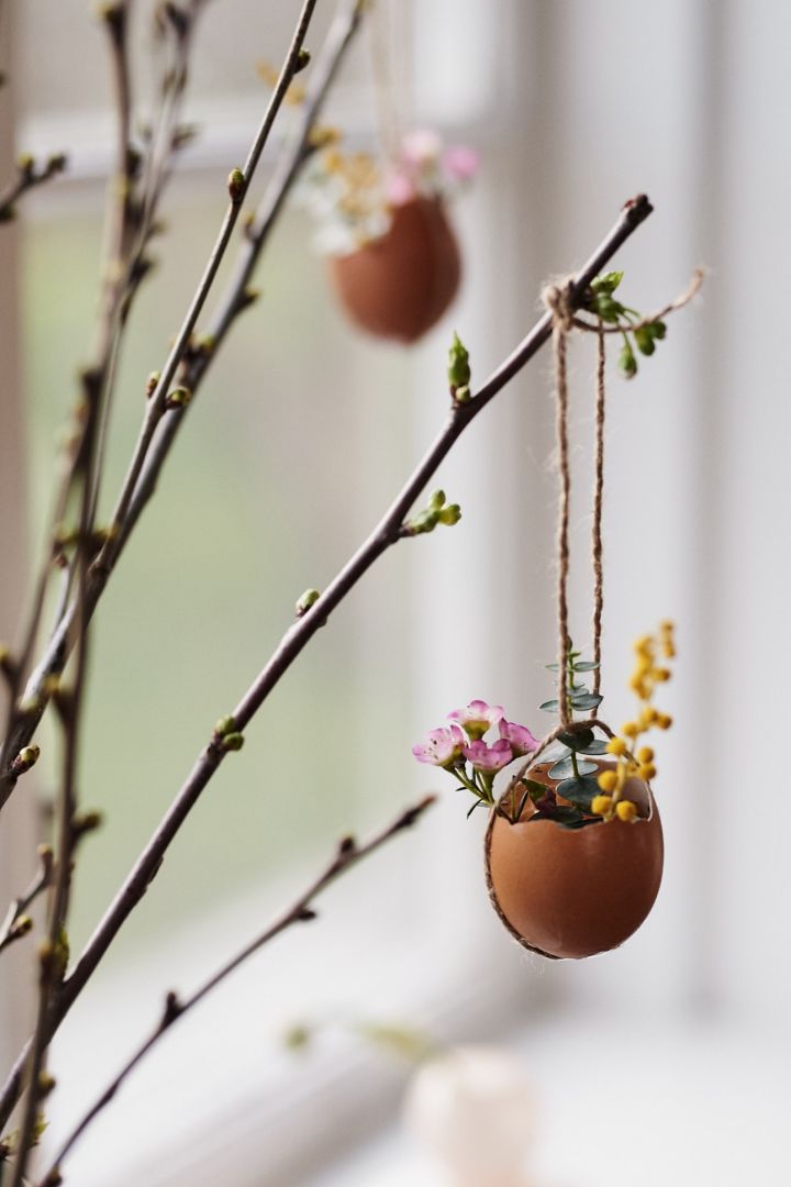 Påskpyssel med ägg och blommor i form av en liten korg gjord av äggskal som man satt vårblommor i. 
