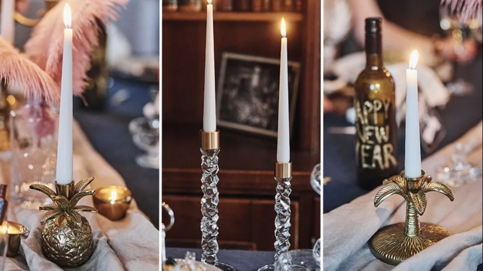 Nyårsdukning med Ananas ljusstake & Palm ljusstake från Bloomingville, samt Carat ljusstakar i mässing från Orrefors.