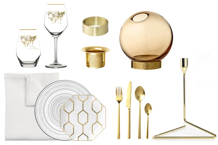 Kollage med dukningstillbehör och inredningsdetaljer i guld för en nyårsdukning i guld. 