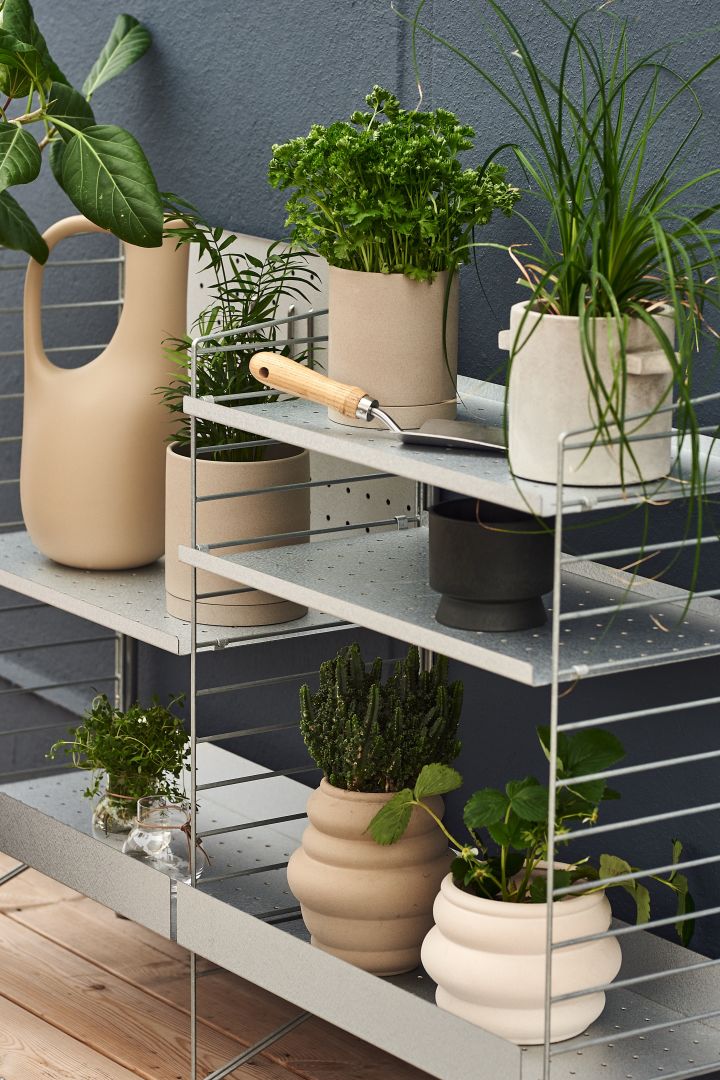 En Stringhylla med växter och kryddor i krukor från Ferm Living, Rosendahl, Broste Copenhagen och Serax är perfekta att inreda balkongen med.