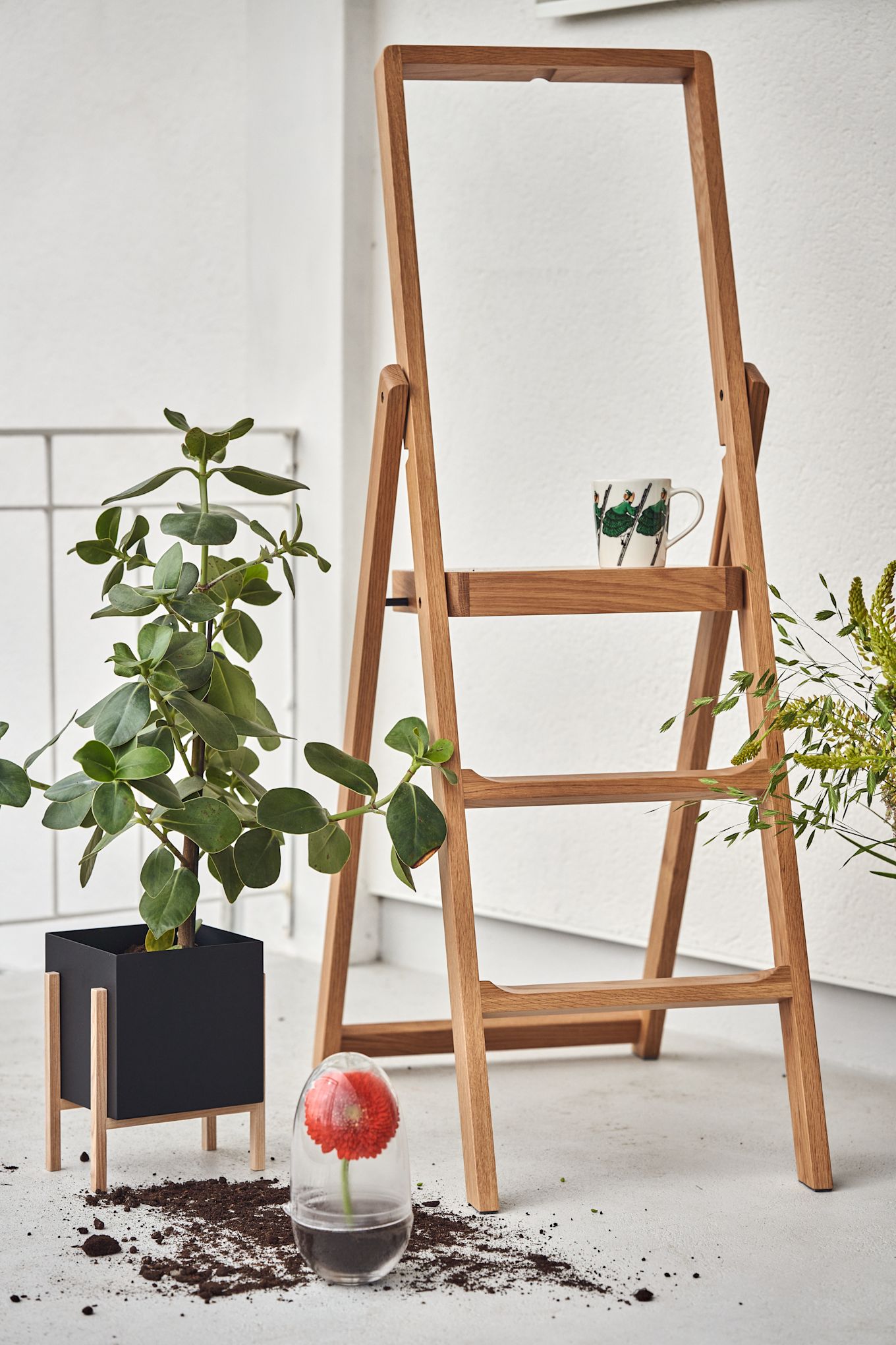 Step – stege i ek från Design House Stockholm på en trapp med planteringskruka i svart bredvid, Grow odlingskupa med blomma i och grön Elsa Beskow-mugg. 