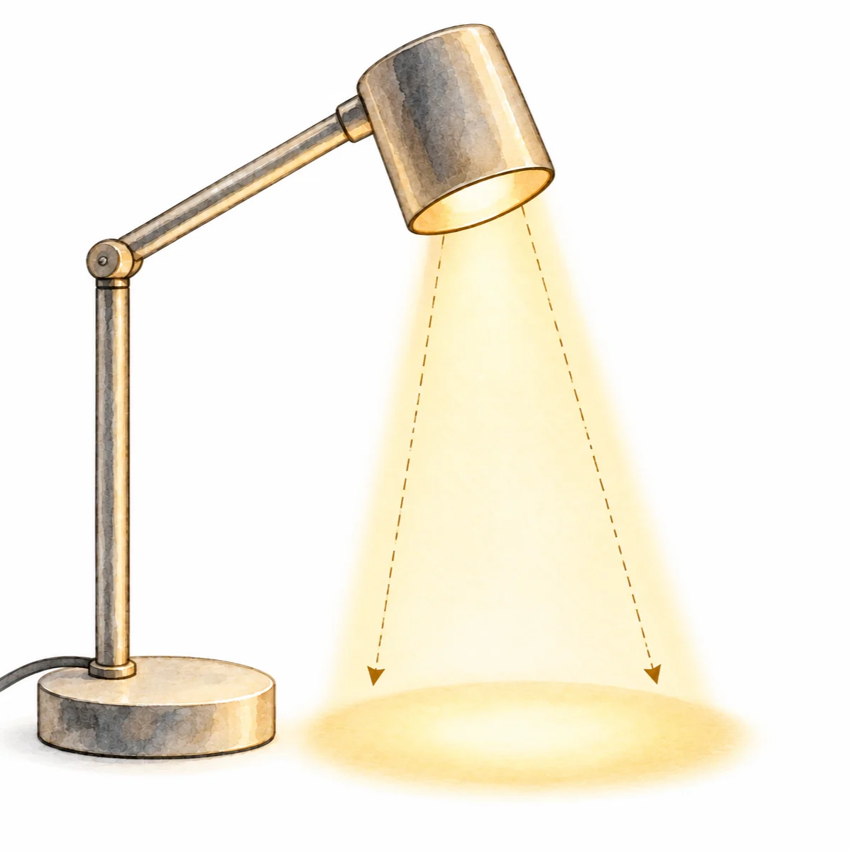En akvarellmålning av en tänd skrivbordslampa som lyser en oval ljusstråle på en yta.