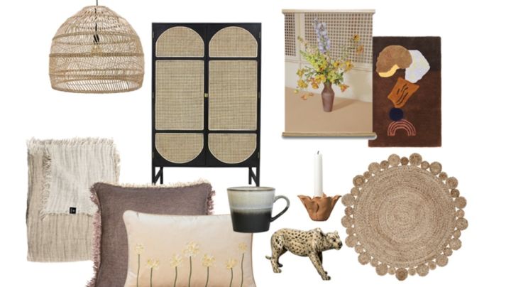 Kollage med möbler i rotting, posters och textilier för att återskapa en av Instagrams mest populära inredningsstilar – den bohemiska. 