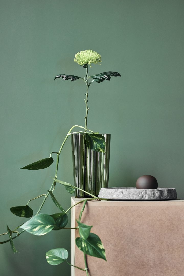 Alvar Aalto vas i färgen moss green står på ett stenbord mot en grön vägg och har gröna blomster i sig. 