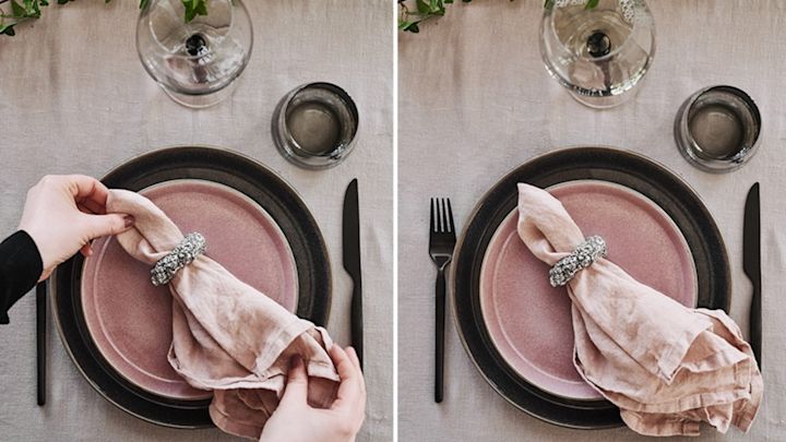  En vårdukning i rosa och svarta nyanser med tallrikar från Bitz, rosa servett och rökfärgade glas från Broste Copenhagen. 